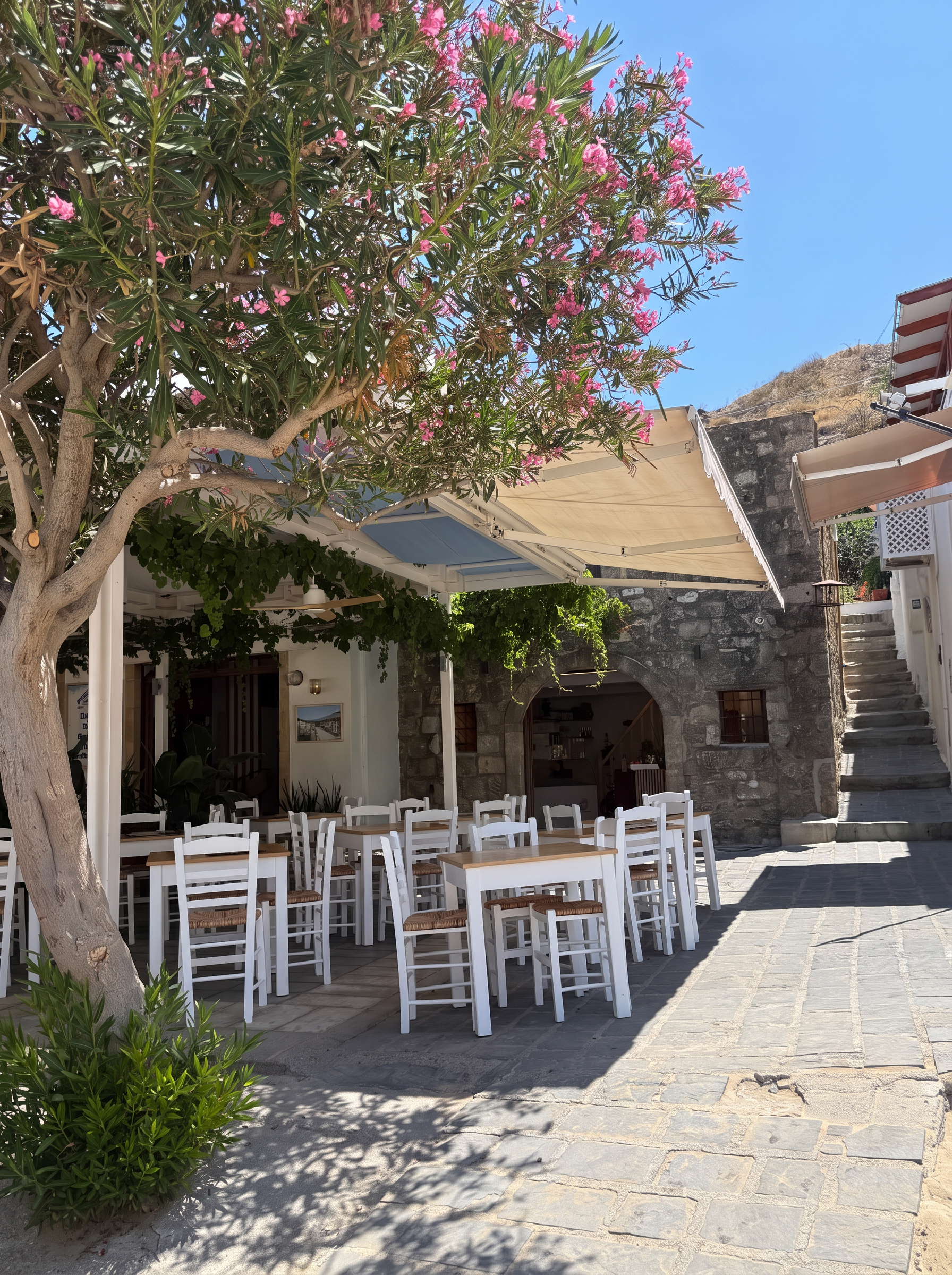 Outdoor seating of Lindos Boathouse under a flowering oleander tree, in front of the historic stone arch